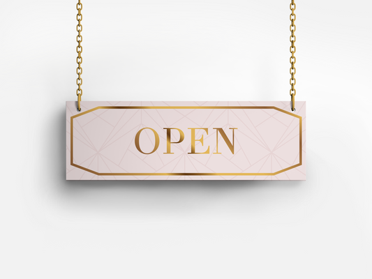 Open/Closed bordje – Lichtroze met Goud - 30×10 cm – Elegant & zacht design