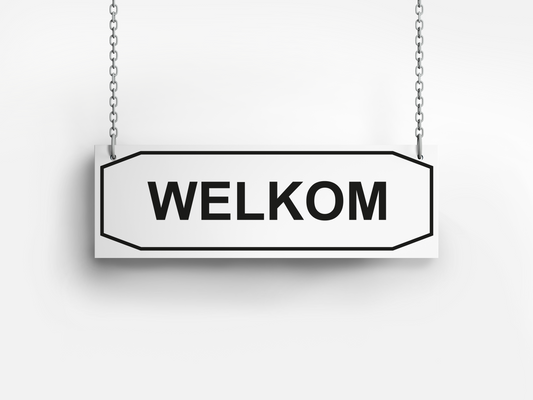 Welkom/gesloten bordje – Rechthoek wit 30×10 cm – zwart lettertype met ketting & zuignap