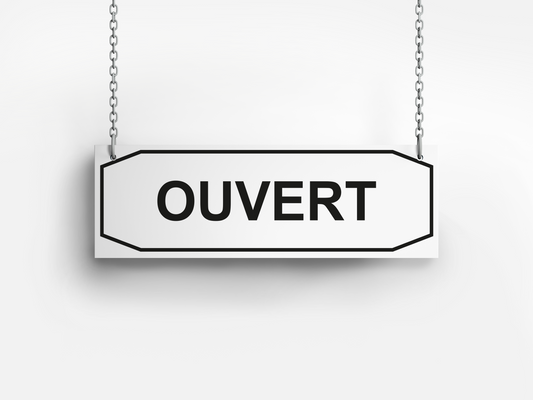 Ouvert/Fermé bordje – Rechthoek wit 30×10 cm – Franstalig open/gesloten bord met ketting