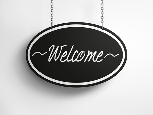 Welcome/Closed bordje – Chalk stijl – Ovaal zwart 30×10 cm – krijtbord look met sierlijke tekst